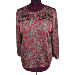Women's Talbots Red Paisley Long Sleeve Ruffle Front Blouse | Size Large Petite